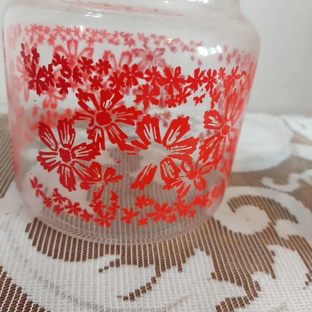 Vintage Red Daisy Floral Clear Glass Apothecary Jar Storage Canister with Lid
